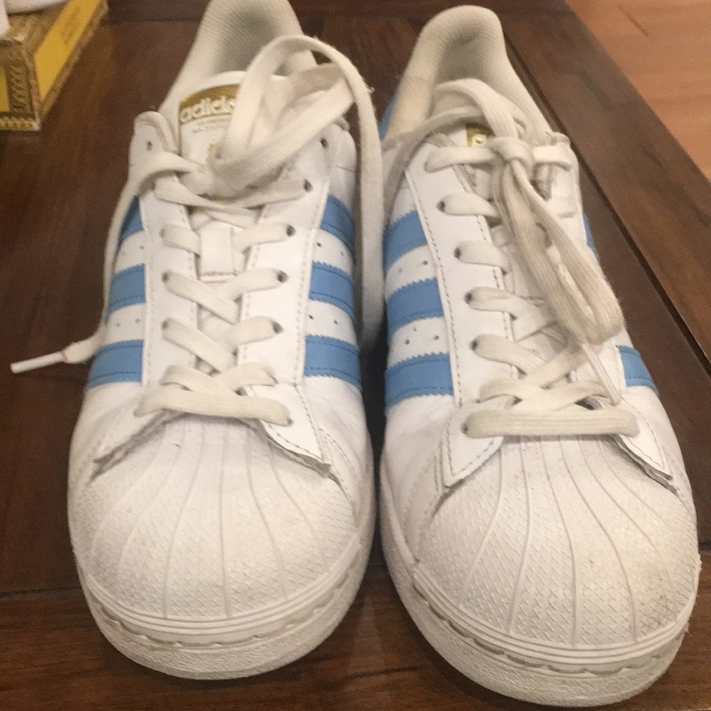 Adidas superstar white leather and blue sneakers